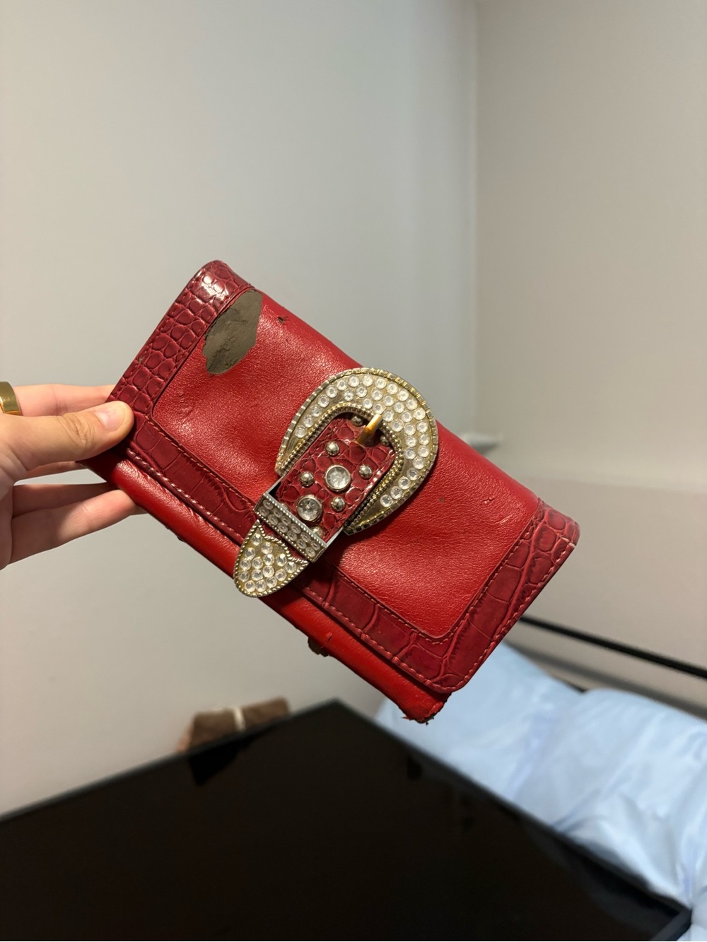Red Rhinestone Buckle Leather Wallet